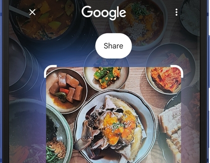 Circle to Search feature used on the Galaxy Z Flip7 to identify a dish in a photo.
