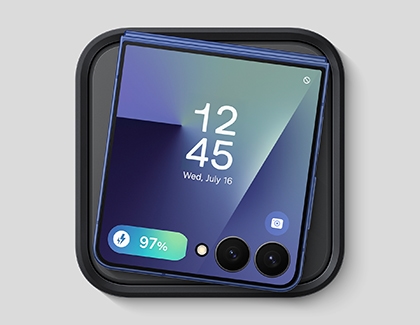 Galaxy Z Flip7 placed on a wireless charger, showing the time, date, and a 97 percent battery level on the FlexWindow.