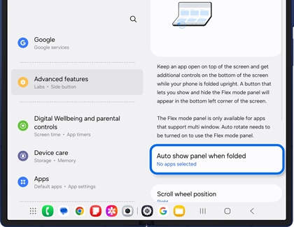Flex mode settings screen on the Galaxy Z Fold7 showing the option to auto show the panel when folded.