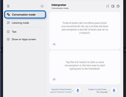 Interpreter app in Conversation mode on the Galaxy Z Fold7 showing side-by-side translation in Spanish and English.