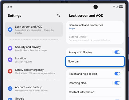Now bar setting highlighted in the Lock screen and AOD menu on the Galaxy Z Fold7.