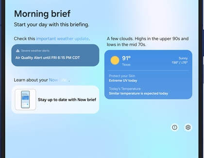 Morning brief screen on the Galaxy Z Fold7 showing weather alerts and daily updates.