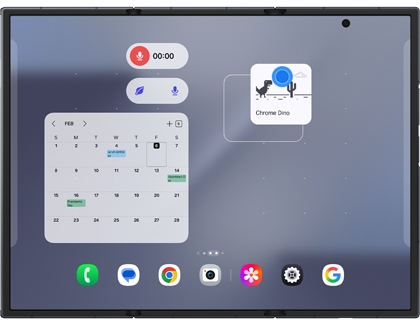 A Galaxy Z TriFold showing the home screen editing mode with a blue circle on a widget being moved to a different position.