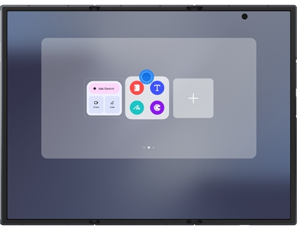 A Galaxy Z TriFold showing a widget being dragged over another widget to create a folder or stack highlighted by a blue circle.