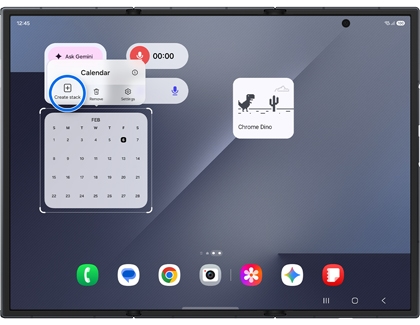 A Galaxy Z TriFold showing a widget menu with the Create stack option highlighted by a blue circle.