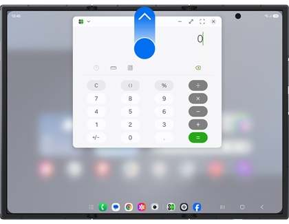 Calculator app window on the Galaxy Z TriFold with a blue arrow pointing up from a blue circle at the top center.