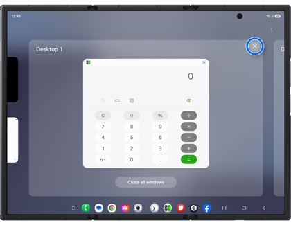 Desktop 1 view on the Galaxy Z TriFold with an X icon highlighted in a blue circle