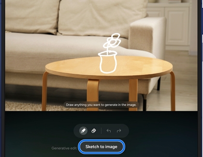 Galaxy AI editing tools on a foldable device using Sketch to image to generate a vase with flowers on a living room table.