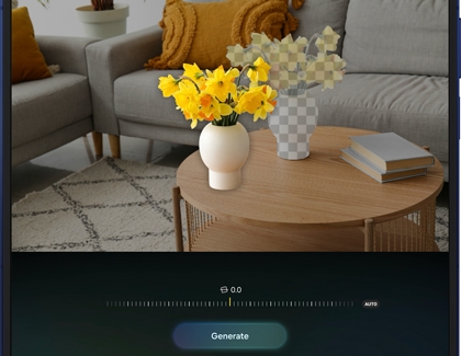 Galaxy AI's Generative Edit feature replacing a checkered placeholder vase with realistic yellow flowers on a Galaxy foldable device.