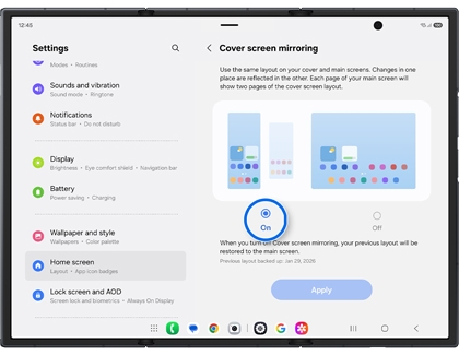 Home screen settings on the Galaxy Z TriFold with the On radio button highlighted in a blue circle under Cover screen mirroring.