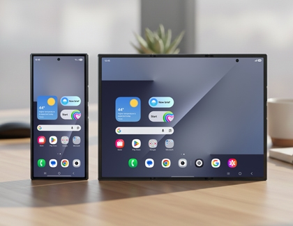 Folded and unfolded Galaxy Z TriFold side by side on a desk showing the same home screen layout.