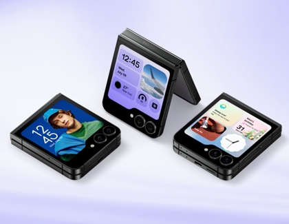 Three Samsung Galaxy Z Flip7 FE devices shown in different Flex Window views including a clock, widgets, and a contact photo.