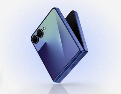 A partially folded Galaxy Z Flip7 standing on its hinge against a light background.