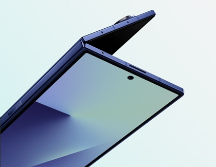 Samsung Galaxy Z Fold7 partially unfolded with the front-facing camera visible on the main display.