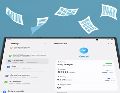 Device care menu on a Galaxy Z TriFold main screen showing 474.5 GB of available storage.
