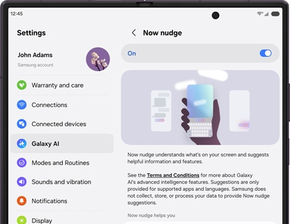A Galaxy Z Fold8 screen displaying the Settings menu with Galaxy AI selected and the Now nudge menu toggled on.