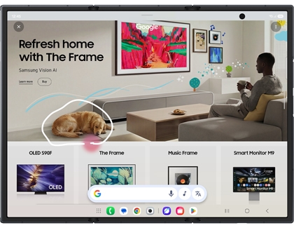 Unfolded Galaxy Z TriFold screen displaying a living room advertisement with a white hand drawn circle around a sleeping dog.