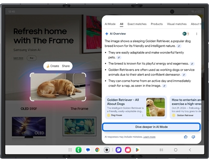 Unfolded Galaxy Z TriFold screen displaying a Google search results overlay with Dive deeper in AI Mode highlighted in a blue box.