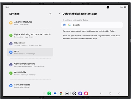 Default digital assistant app settings on a Galaxy Z TriFold with Google selected.