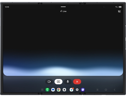 Gemini interface on an unfolded Galaxy Z TriFold screen with a blue wave graphic and various control icons at the bottom.