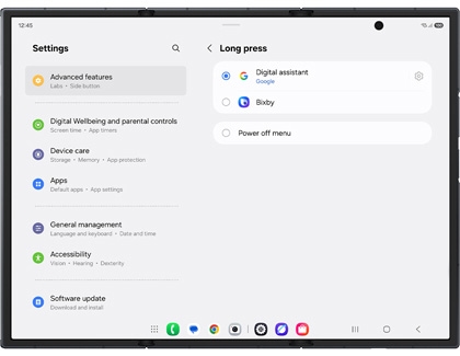 Side button settings on a Galaxy Z TriFold with Google digital assistant selected.