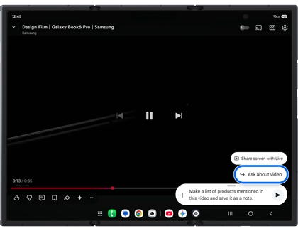 YouTube interface on an unfolded Galaxy Z TriFold with Gemini activated highlighting Ask about video in a blue box.