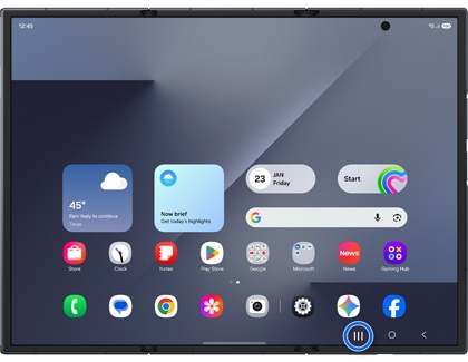 Home screen on the Galaxy Z TriFold with the Recents button highlighted in a blue circle.