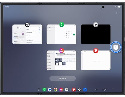 Recents screen on the Galaxy Z TriFold with an icon showing a monitor and a plus sign highlighted in a blue circle.