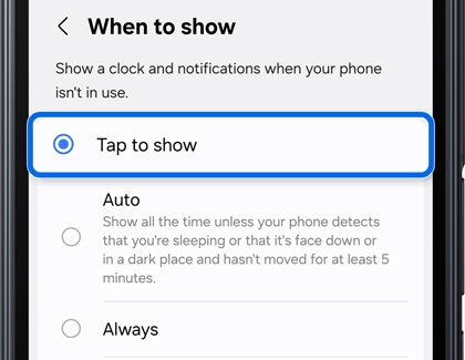 A Galaxy Z TriFold showing the When to show menu with the Tap to show radio button option highlighted by a blue rounded box.