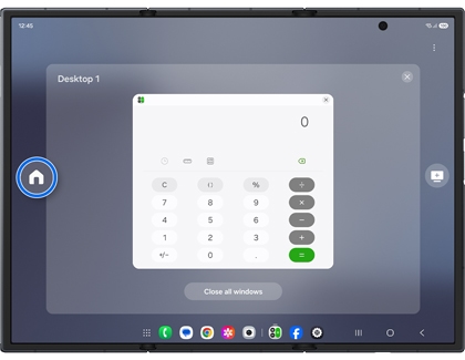 Desktop 1 view on the Galaxy Z TriFold with a home icon highlighted in a blue circle on the left edge.