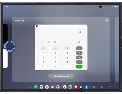 Desktop 1 view on the Galaxy Z TriFold with an empty area highlighted in a blue circle on the left edge.