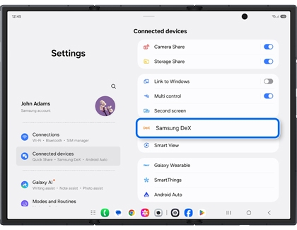 Settings screen on the Galaxy Z TriFold with Samsung DeX highlighted in a blue box under the Connected devices menu.