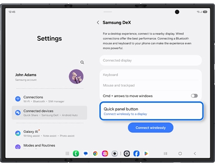 Samsung DeX settings screen on the Galaxy Z TriFold with Quick panel button highlighted in a blue box.