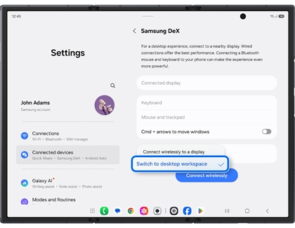 Samsung DeX settings screen on the Galaxy Z TriFold with Switch to desktop workspace selected in a blue highlighted menu.