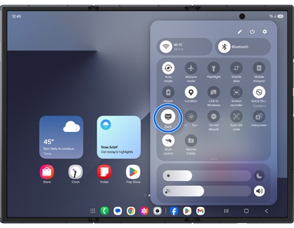 Home screen on the Galaxy Z TriFold with the Quick panel open and DeX highlighted in a blue circle