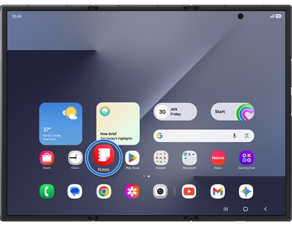 Home screen on the Galaxy Z TriFold with the Notes app icon highlighted in a blue circle