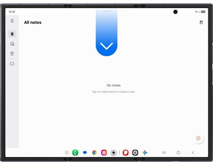 All notes screen on the Galaxy Z TriFold with a blue arrow pointing down from the top center