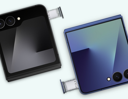 Galaxy Z Flip7 and Z Flip7 FE with SIM card trays partially ejected, shown side by side on a light background.