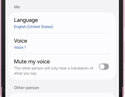 Live translate settings screen with Language option under Me and Other person sections highlighted. 