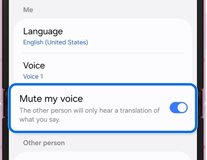 Live translate settings screen with the Mute my voice option toggled on.