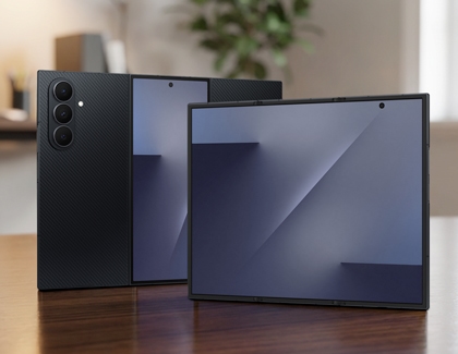 Unfolded Galaxy Z TriFold next to a folded unit showing its rear camera array and cover screen.