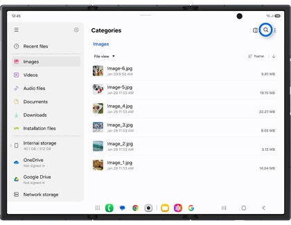 The My Files app on an unfolded Galaxy Z TriFold main screen with the Search icon highlighted in a blue circle.