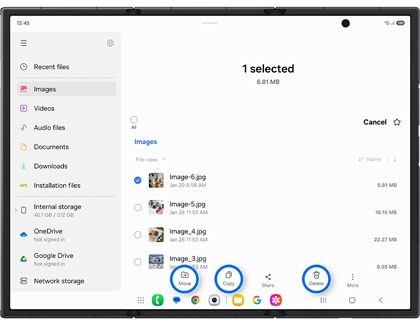 The My Files app on an unfolded Galaxy Z TriFold main screen with a file selected and Move, Copy, and Delete options highlighted in blue circles.