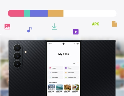 My Files app on a Galaxy Z TriFold cover screen with colorful category icons floating above the device.