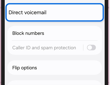 Phone settings screen with Direct voicemail highlighted.
