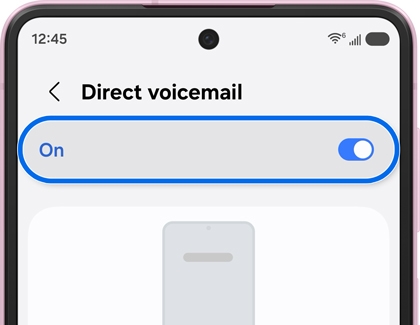 Direct voicemail settings page with the On toggle switch highlighted.