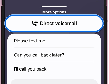 Galaxy phone screen showing More options with Direct voicemail highlighted.