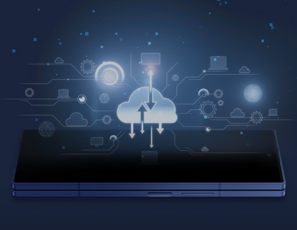 Galaxy Z Fold7 laying flat with glowing cloud icons and data flow graphics representing memory and storage features.