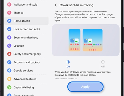 A Galaxy Z Fold screen showing Cover screen mirroring settings with On selected and Apply highlighted.