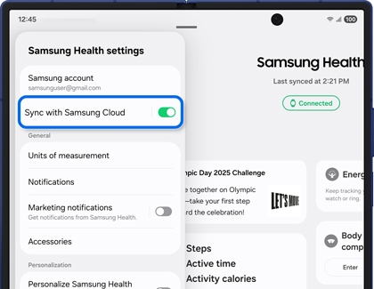 Samsung Health settings screen showing the Sync with Samsung Cloud option enabled on the Galaxy Z Fold7.